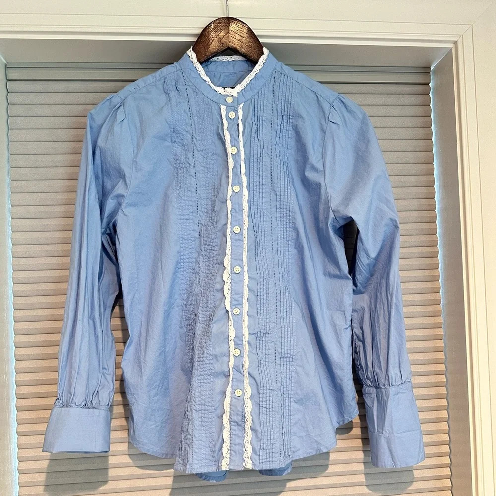 J. Crew light blue button down with pin tucks and lace embellishments